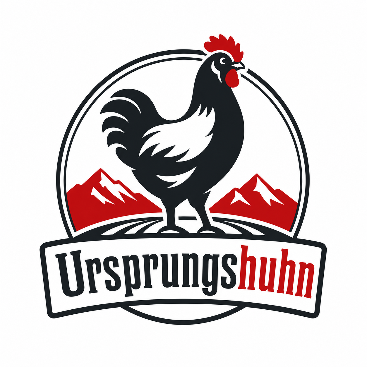 Ursprungshuhn Logo mit Hahn und Alpen – Initiative für alte Schweizer Hühnerrassen, Erhaltungszucht und natürliche, artgerechte Hühnerhaltung.