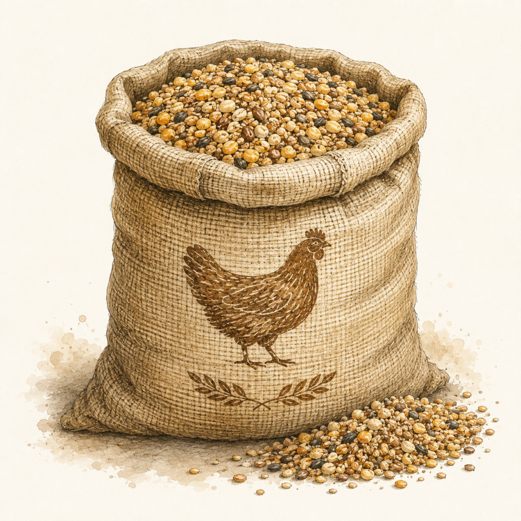 Illustration eines Jutesacks mit einer hochwertigen Körnermischung aus Mais, Weizen und weiteren Getreidesorten für Schweizerhühner. Symbolbild für die Fütterung der Tiere in der Erhaltungszucht.