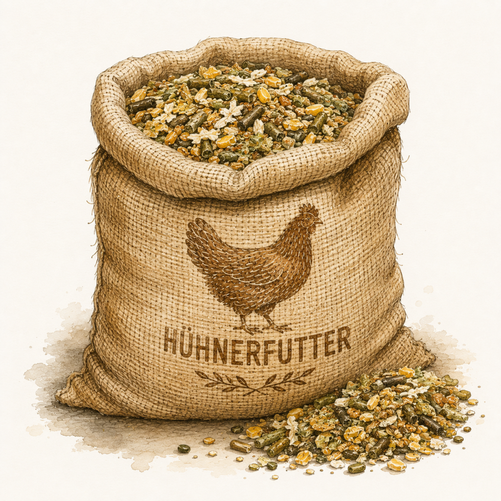 Illustration eines Jutesacks mit hochwertigem Bio-Hühnerfutter für Schweizerhühner. Symbolbild für die Fütterung und Unterstützung der Erhaltungszucht von Ursprungshuhn.