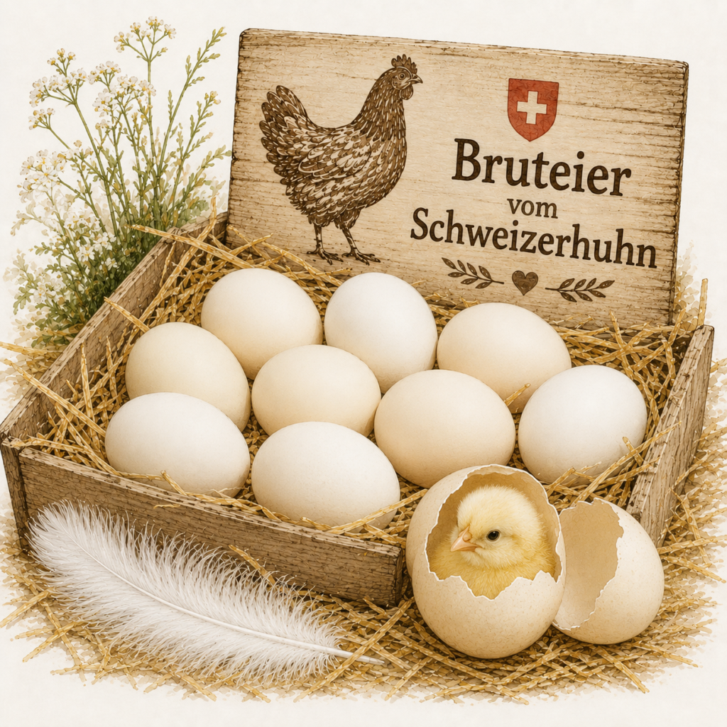 Illustration von Bruteiern reinrassiger Schweizerhühner in einer Holzkiste mit Stroh. Ein schlüpfendes hellgelbes Küken symbolisiert neues Leben und den Erhalt seltener Schweizer Hühnerrassen.
