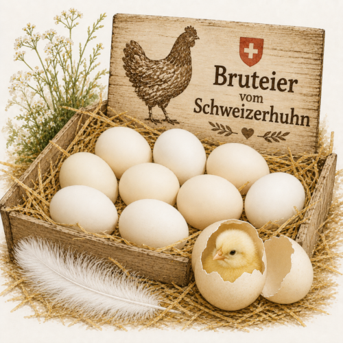 Illustration von Bruteiern reinrassiger Schweizerhühner in einer Holzkiste mit Stroh. Ein schlüpfendes hellgelbes Küken symbolisiert neues Leben und den Erhalt seltener Schweizer Hühnerrassen.
