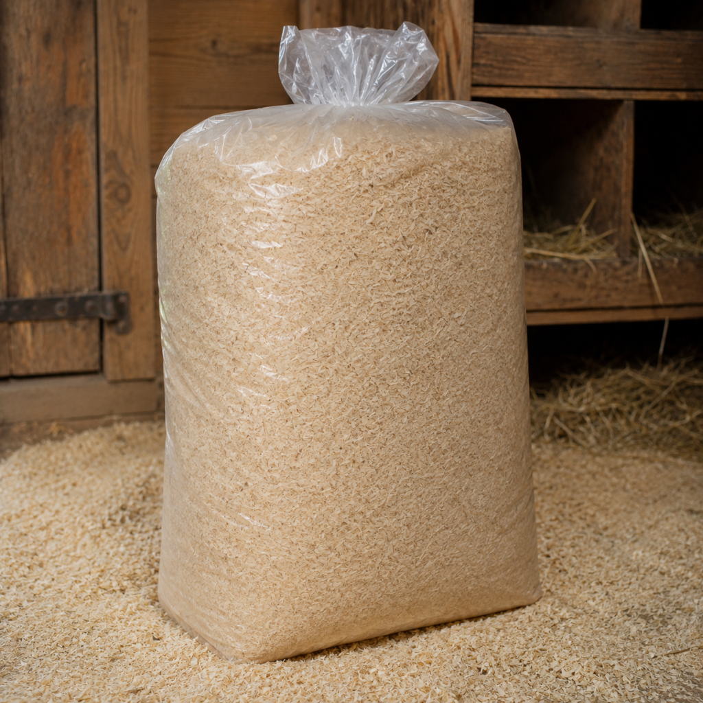 Grosser Sack mit hochwertigen Hobelspänen als natürliche Einstreu für den Hühnerstall. Symbolbild für saubere, trockene und artgerechte Haltung von Schweizerhühnern.