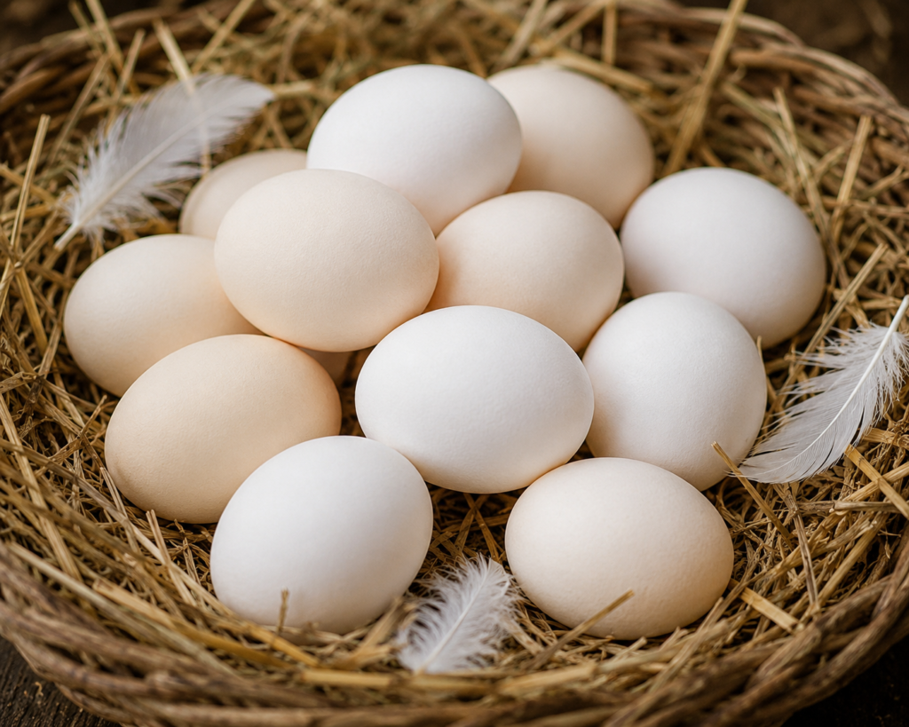 Frische weisse bis cremefarbene Eier von Schweizerhühnern in einem Nest aus Stroh. Natürliche Eier aus artgerechter Haltung und Erhaltungszucht bei Ursprungshuhn.