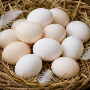 Frische weisse bis cremefarbene Eier von Schweizerhühnern in einem Nest aus Stroh. Natürliche Eier aus artgerechter Haltung und Erhaltungszucht bei Ursprungshuhn.